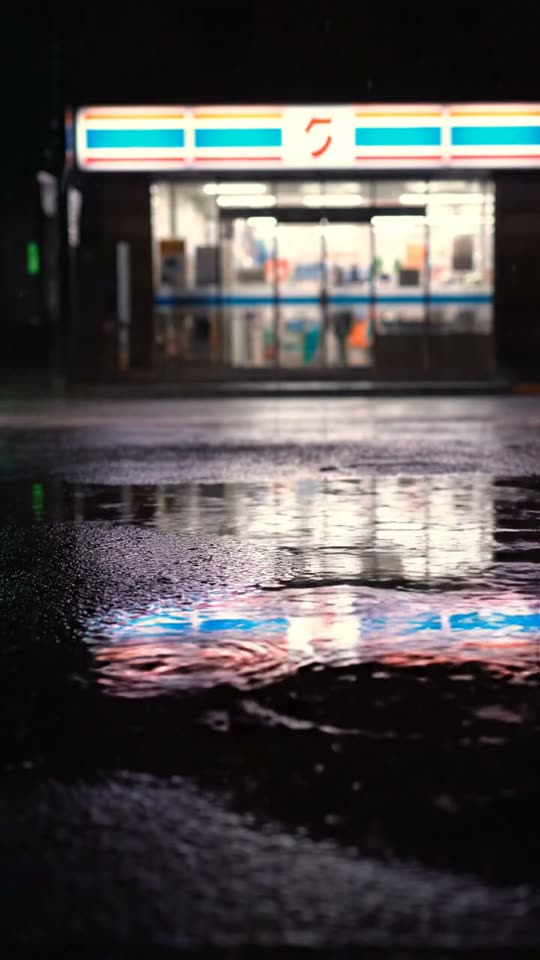 Google Veo 3.1 交回来的静帧:雨夜便利店招牌,倒影在积水里